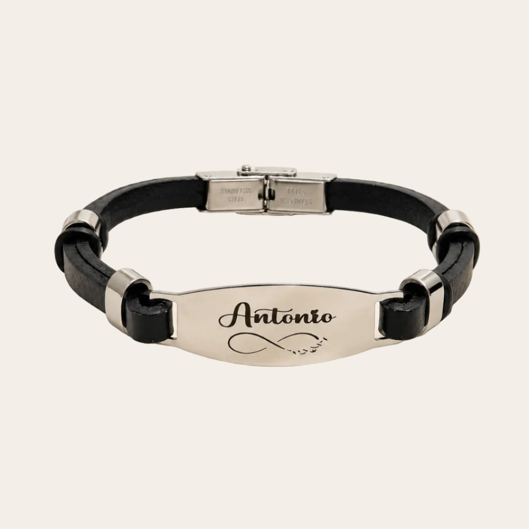 Pulsera de hombre personalizada en piel negra con placa de acero