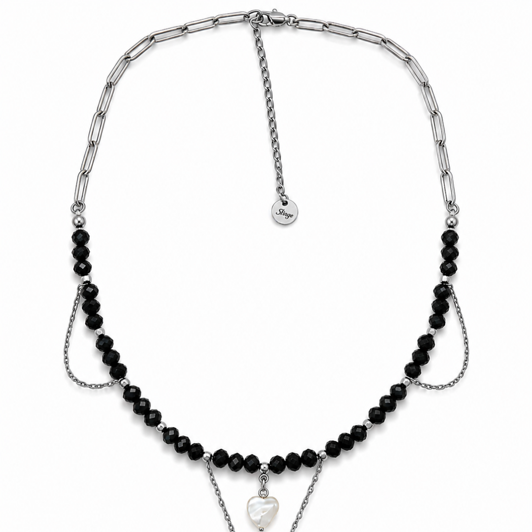 Gargantilla de cristal checo negro con corazón de nácar, acero inoxidable, Sfinge