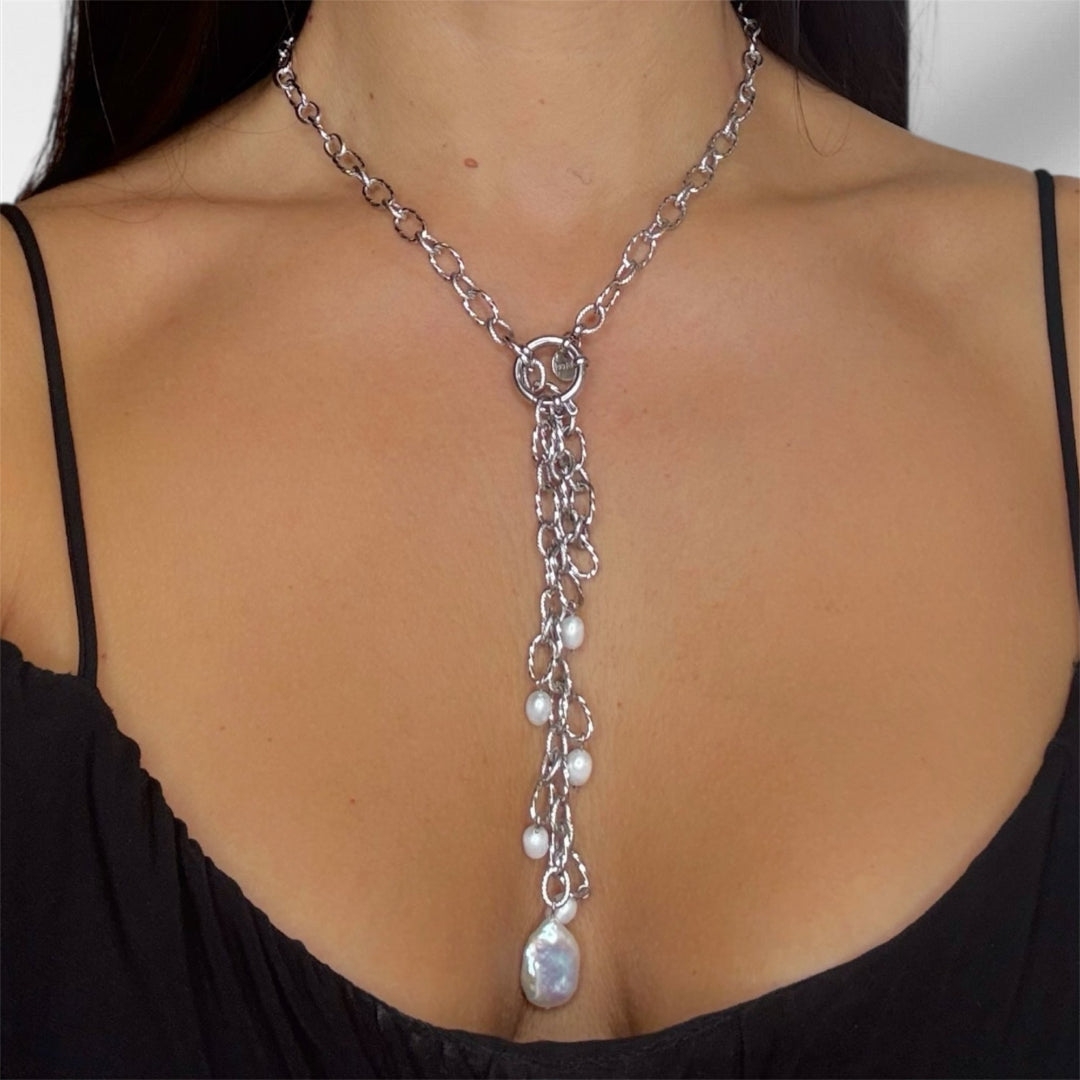 Gargantilla Sfinge – Acero con Perla Natural y Cierre Reasa Ajustable