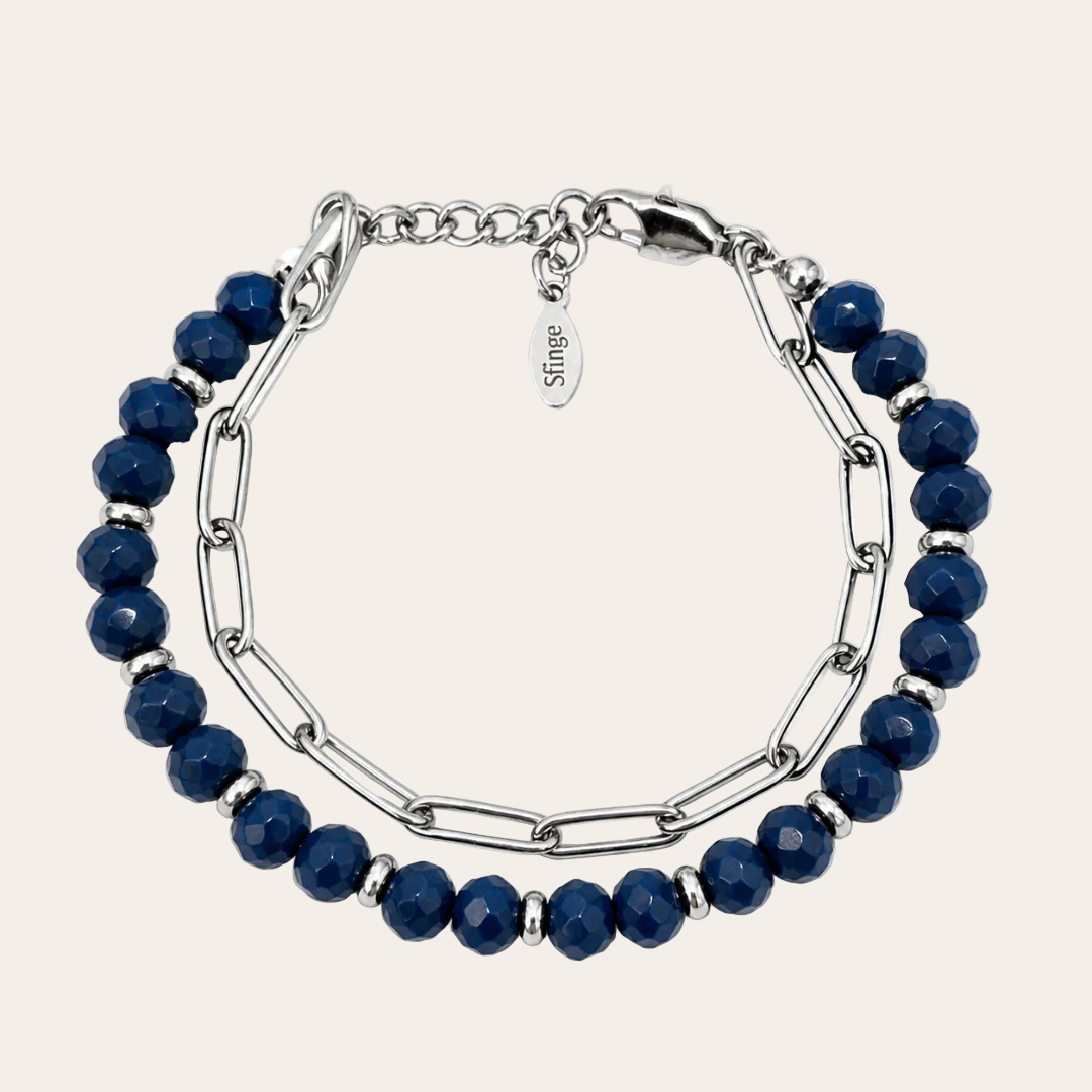 Pulsera de cristal checo azul facetado con cadena de acero inoxidable Sfinge