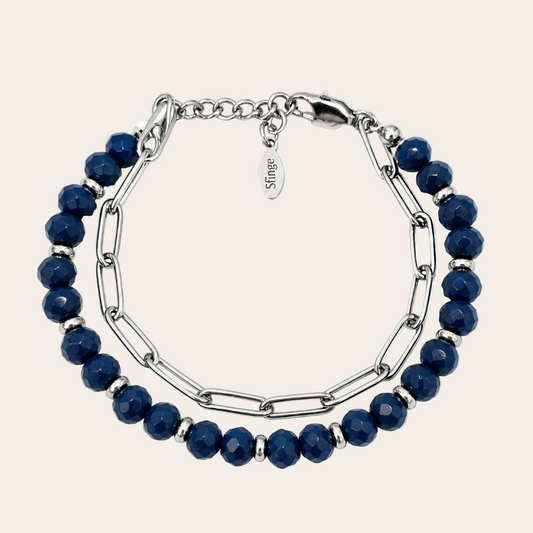 Pulsera de cristal checo azul facetado con cadena de acero inoxidable Sfinge