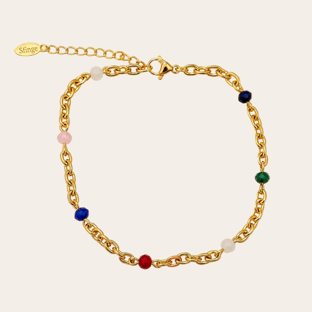 Tobillera cadena fina multicolor en baño de oro Sfinge con cuentas de colores