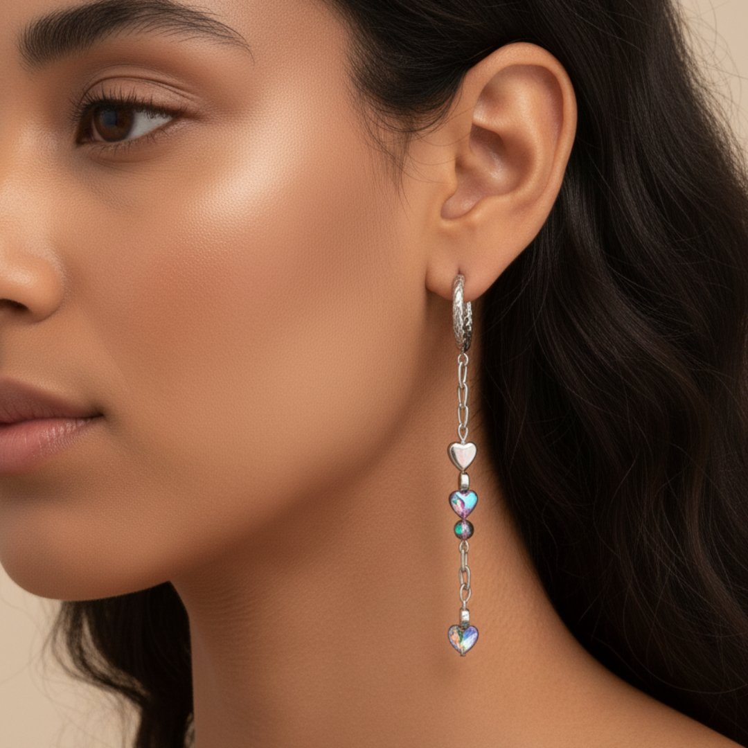 Pendientes Eclipse plateados con diseño alargado y corazones – Sfinge Joyas