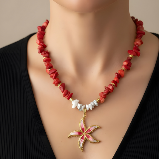 Gargantilla de Coral y Howlita Blanca