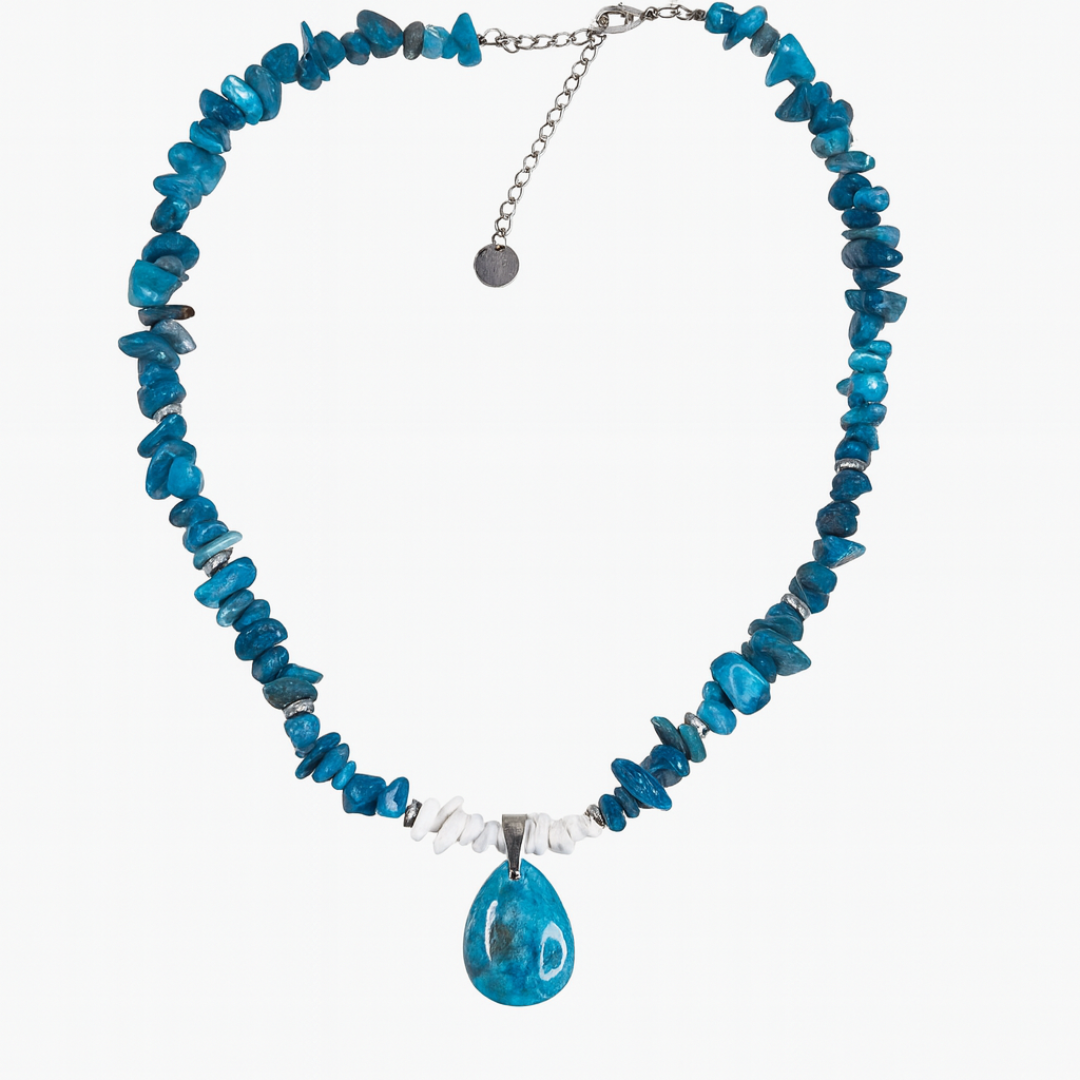 Gargantilla Claridad de acero con apatita azul y howlita blanca – Joya natural de la marca Sfinge
