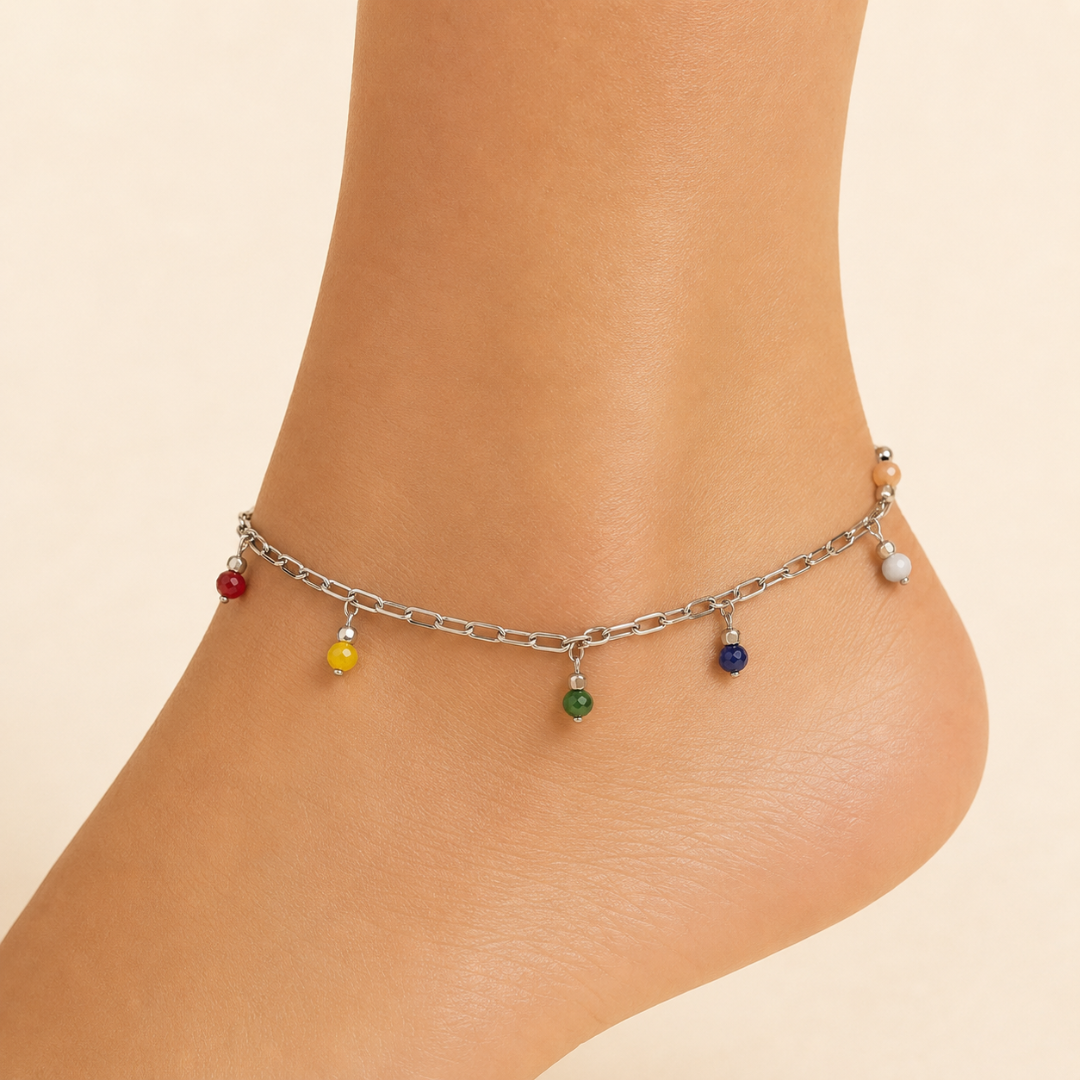Tobillera multicolor con mini cristales checos colgantes en cadena fina de acero inoxidable – Sfinge