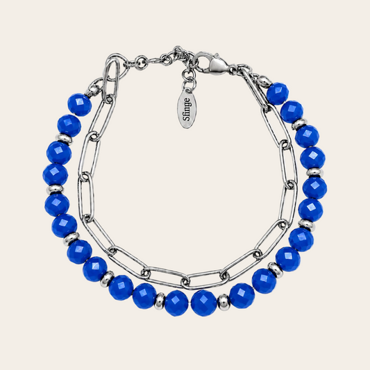 Pulsera de acero con cristal checo azul celeste facetado y detalle de cadena Sfinge