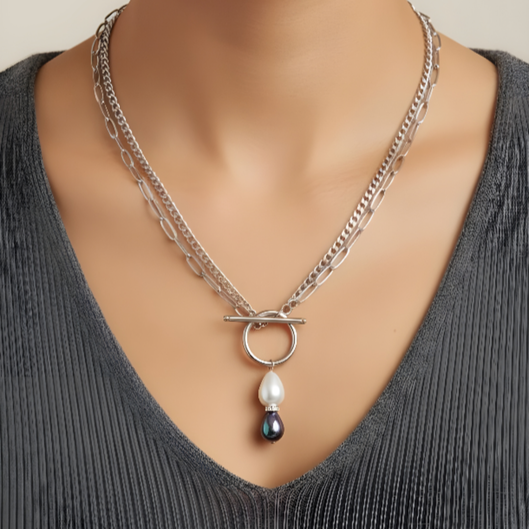 Gargantilla de nácar blanco y negro en acero plateado Sfinge