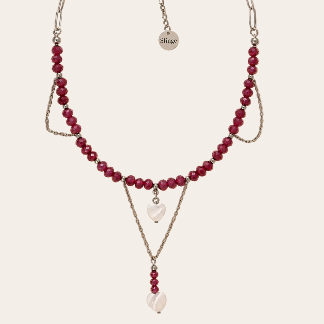 Gargantilla de cristal checo rojo con corazón de nácar, acero inoxidable, Sfinge