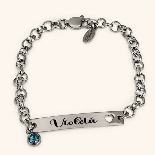 Pulsera personalizada con nombre y corazón plateada