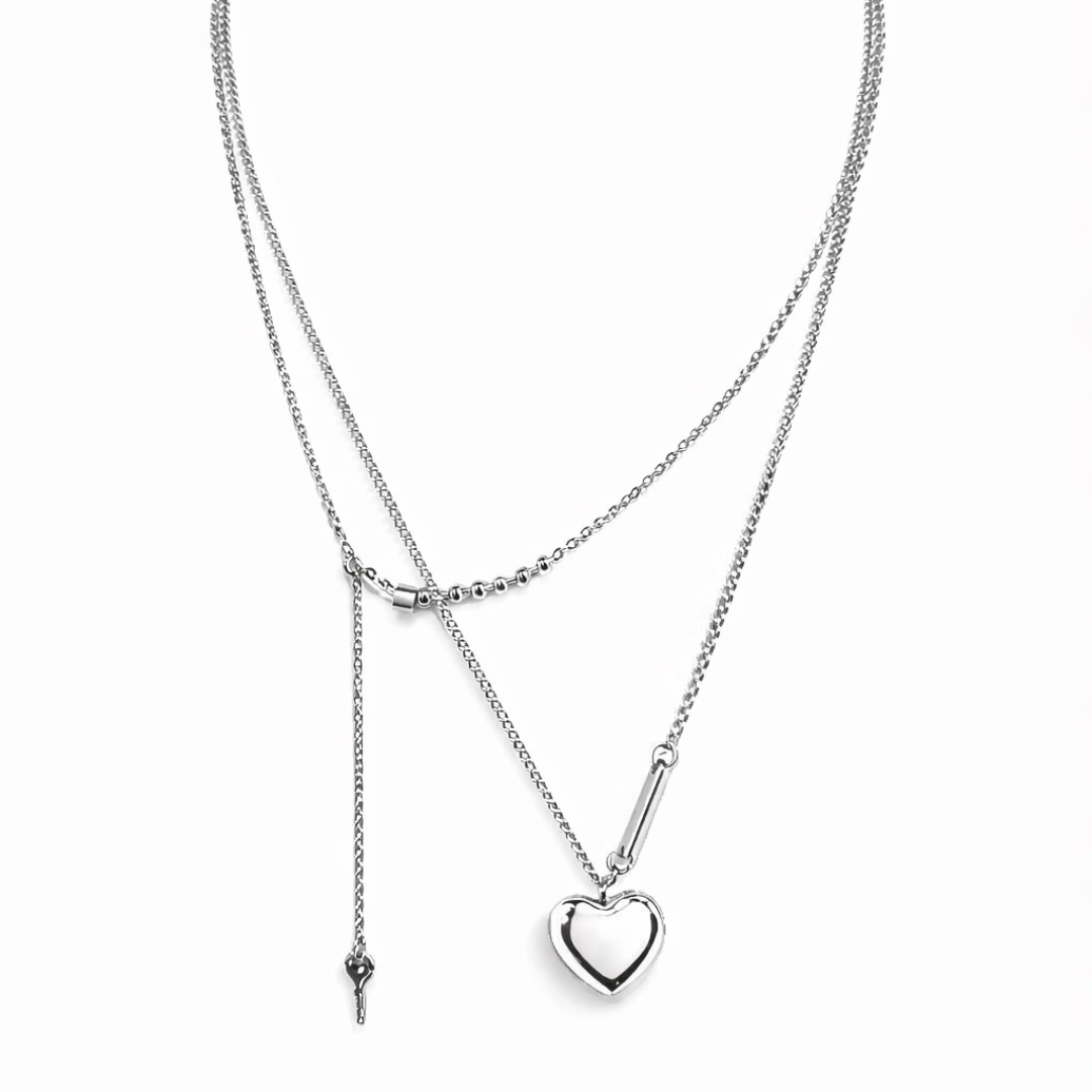 Collar corazón pulido plateado con cadena fina y extensión ajustable