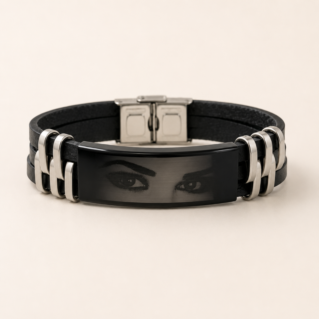 Pulsera Mirada de piel y acero con fotograbado de ojos