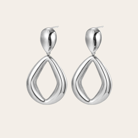 pendientes en acero inoxidable plateado en forma de gota con aro