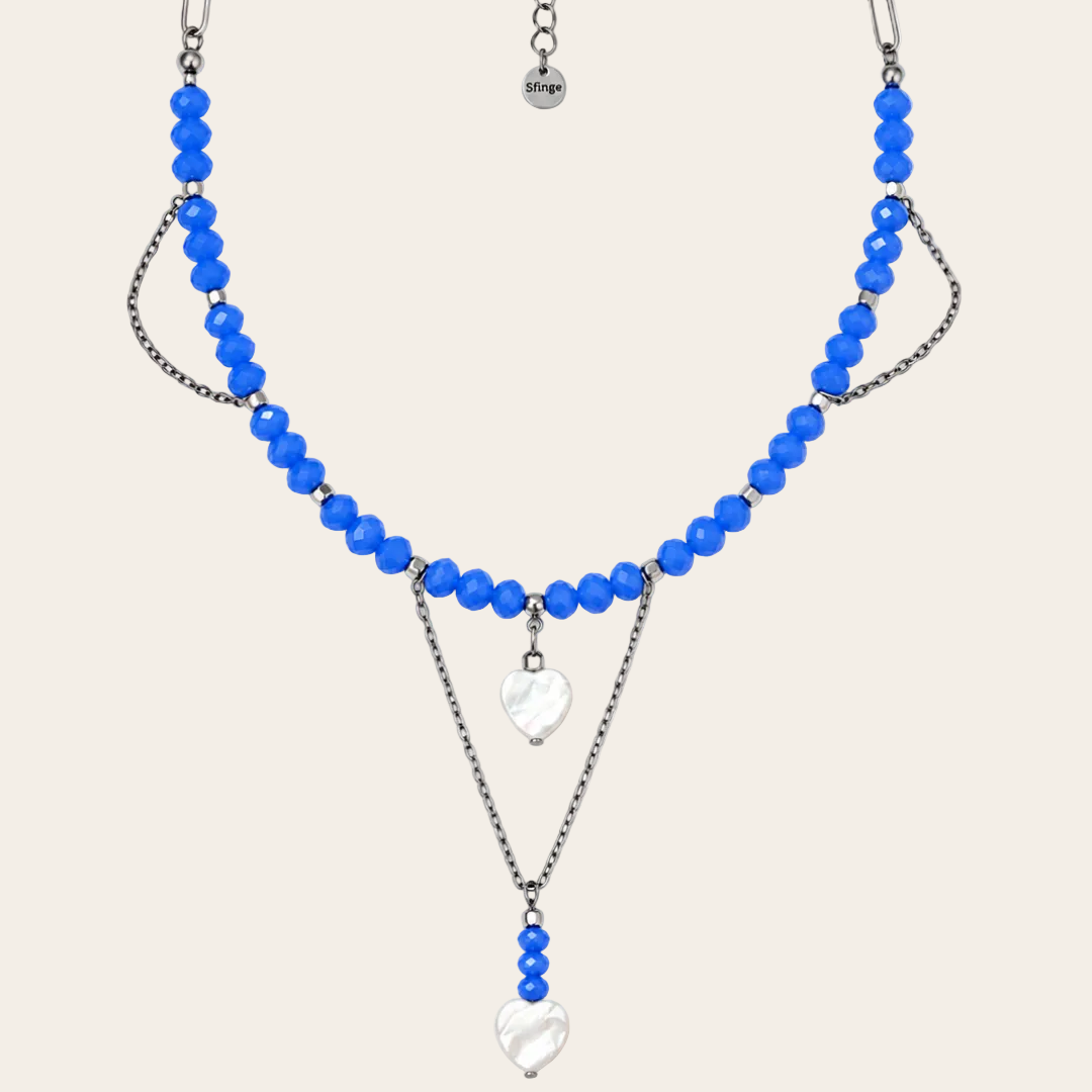 Gargantilla de cristal checo azul con corazón de nácar, acero inoxidable, Sfinge