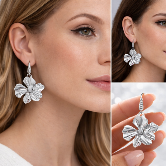 Pendientes Flor Dalia – Maxi Flor con Brillo Central (Plateado y Dorado Waterproof)