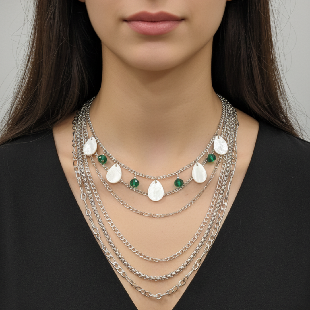 gargantilla multicapa de acero con nácar y cristal sfinge