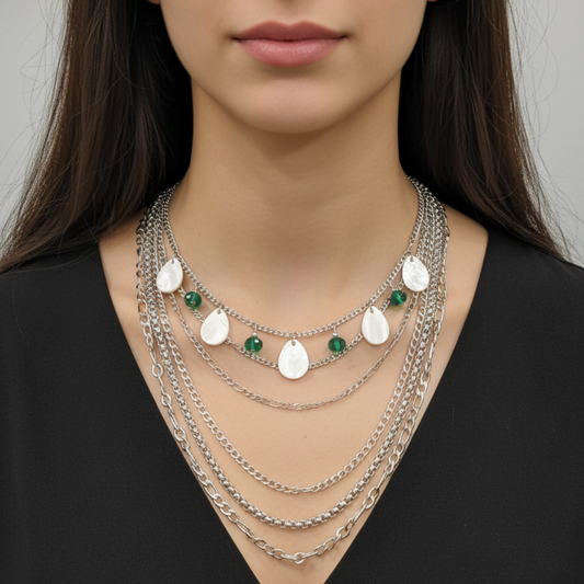 gargantilla multicapa de acero con nácar y cristal sfinge