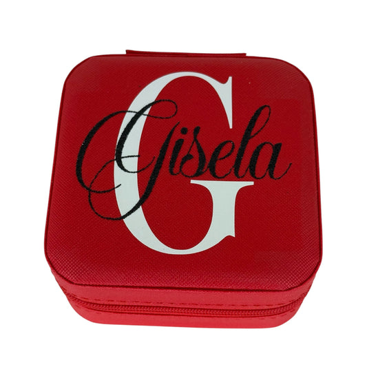Joyero rojo personalizado con nombre Gisela e inicial decorativa