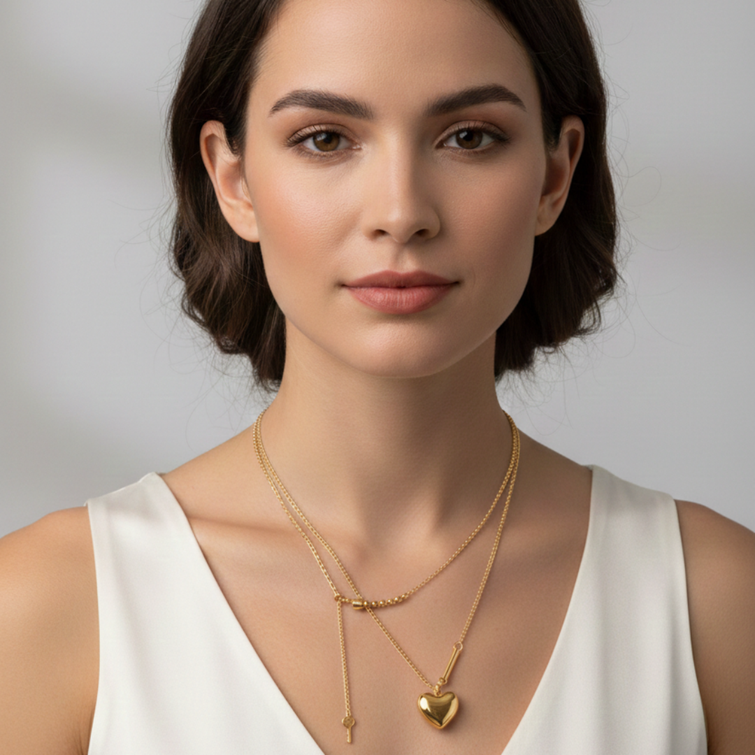 Gargantilla corazón minimal con detalle barrita en acero baño en platino