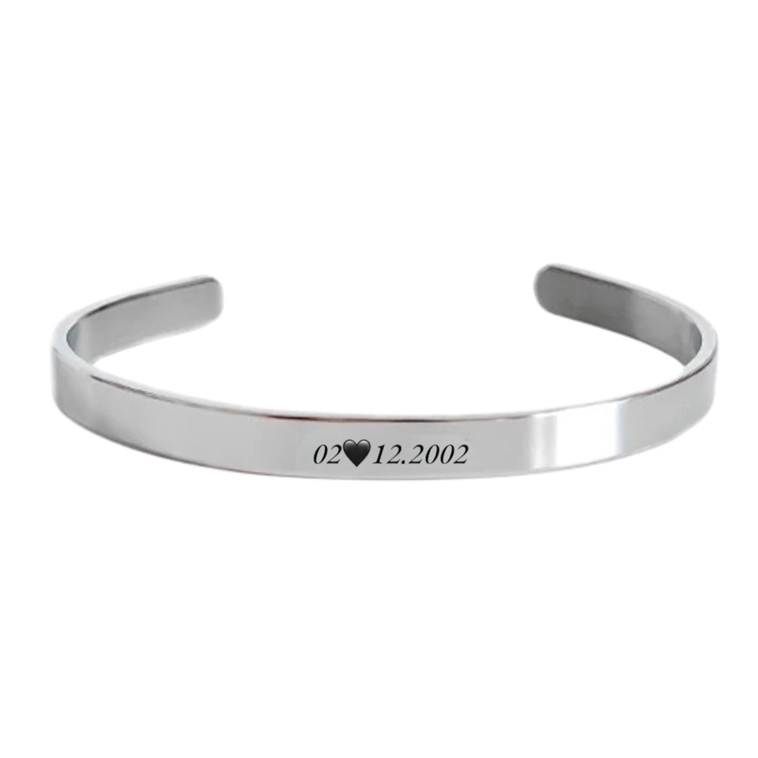 brazalete plateado personalizado grabado a láser sobre acero inoxidable