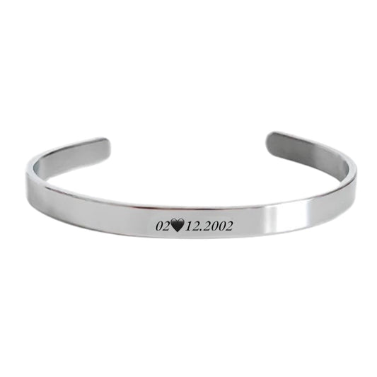 brazalete plateado personalizado grabado a láser sobre acero inoxidable