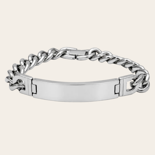 Esclava personalizada para hombre Kael en acero plateado con placa para grabar