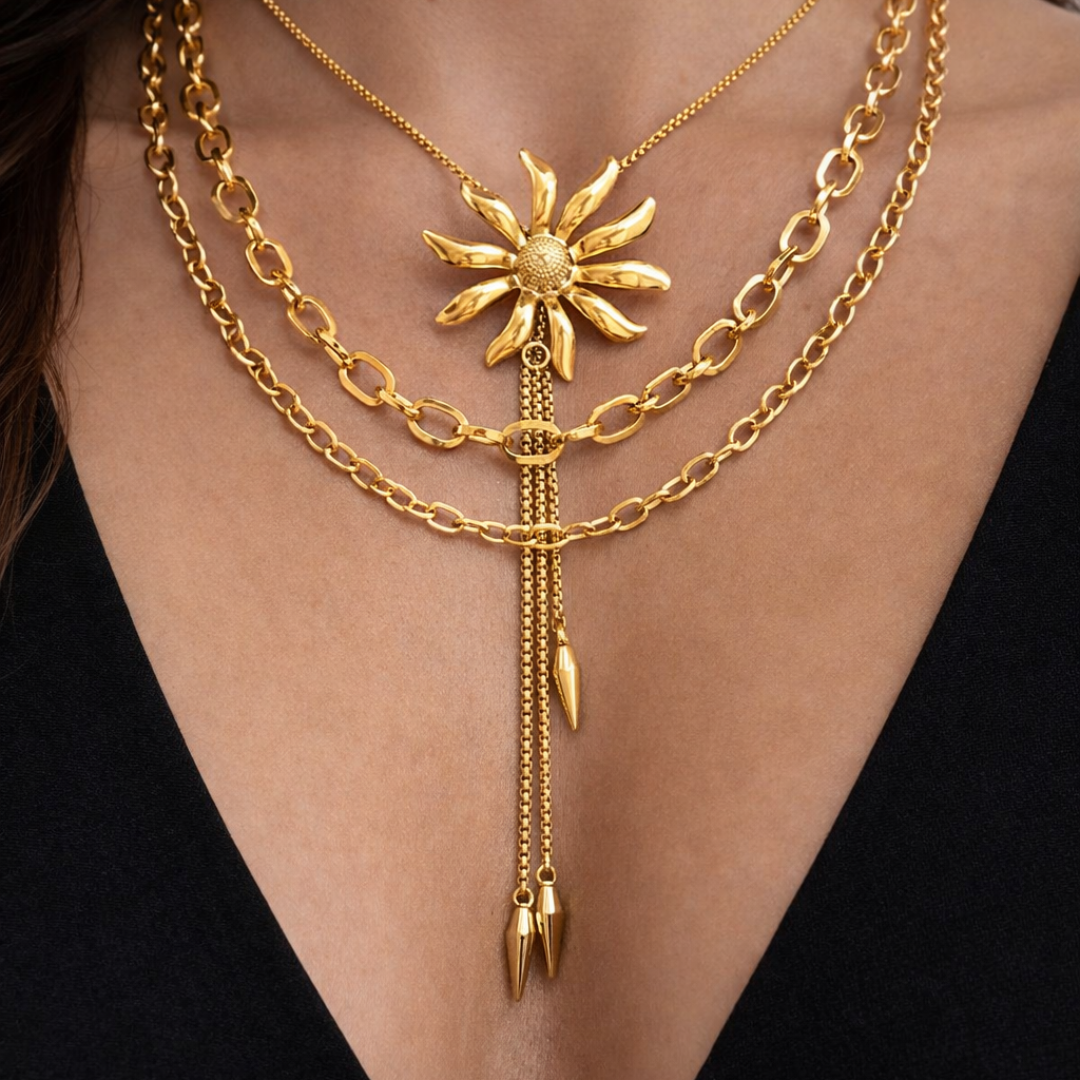 gargantilla triple aura solar acero dorado