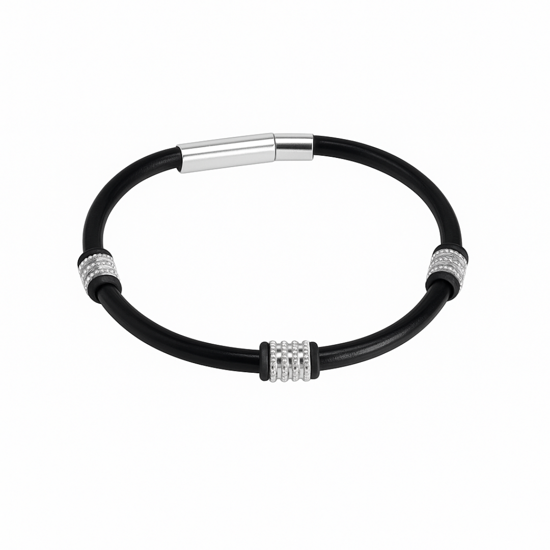 Pulsera de cuero auténtico con acero inoxidable plateado – Sfinge Joyas
