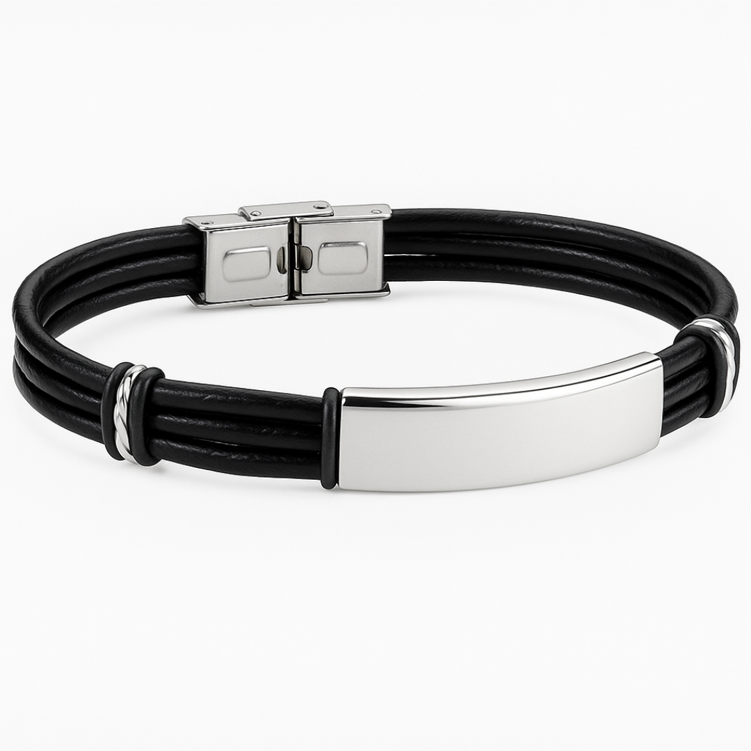 Pulsera triple Piel y Acero Plateado Personalizada| Sfinge