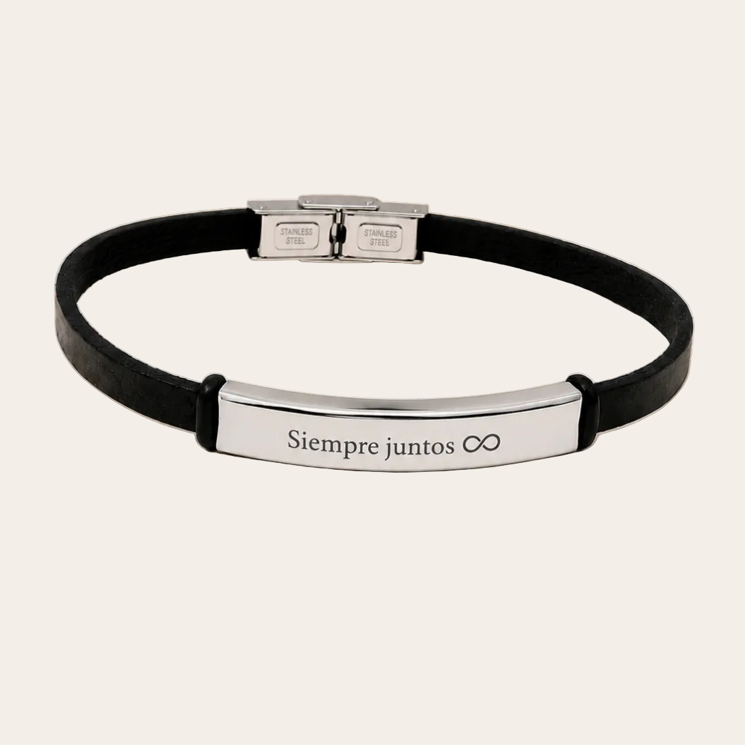 Pulsera de piel personalizable Sfinge con placa grabada “Siempre juntos” y símbolo infinito