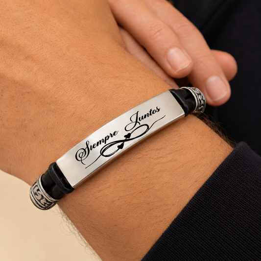 Pulsera de piel personalizable con placa grabada de acero – Sfinge joyas