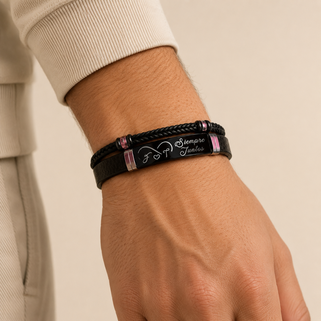 Pulsera de piel trenzada y placa de acero personalizable sfinge