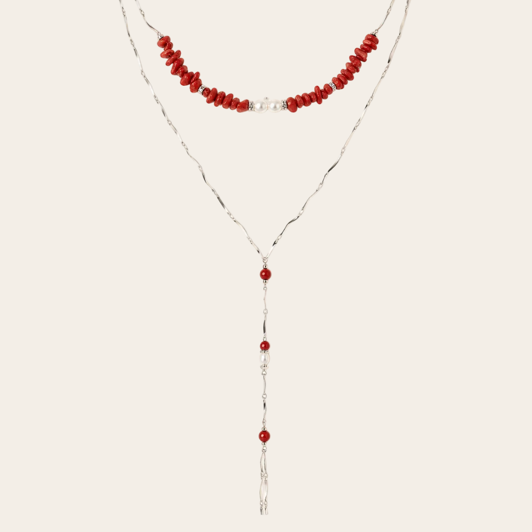 Gargantilla Corbatera de Acero con Coral Rojo y Perla – Marca Sfinge