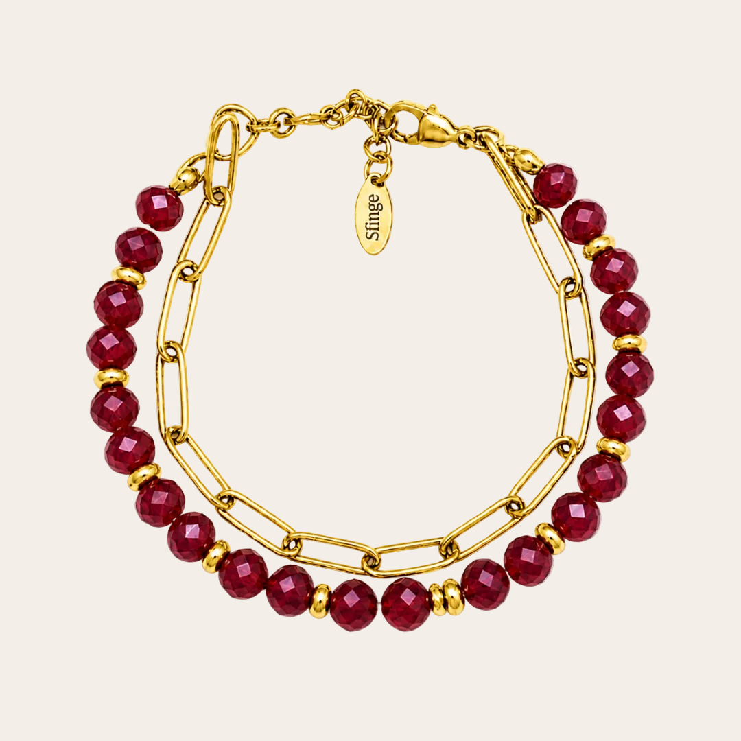 Pulsera de cristal checo rojo facetado con cadena de acero inoxidable dorada Sfinge