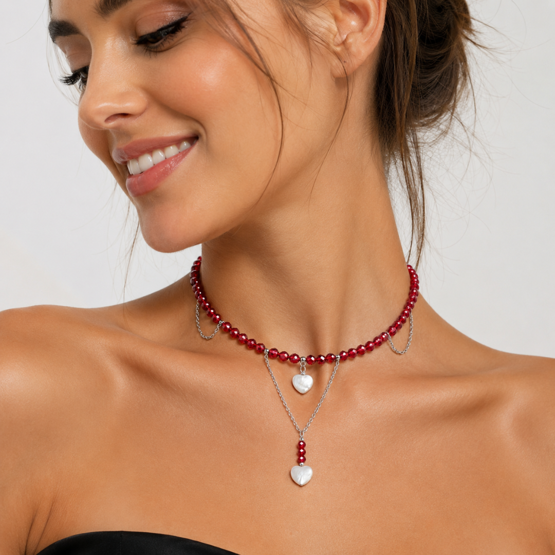collar de acero con cristal checo y nacar natural de sfinge joyas
