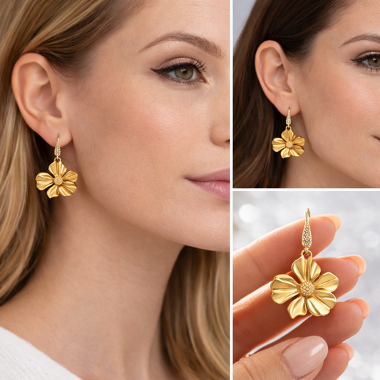 Pendientes flor pequeña elegantes disponibles en dorado y plateado
