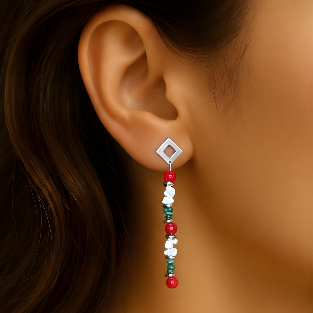 Pendiente de malaquita,holwita blanca y roja