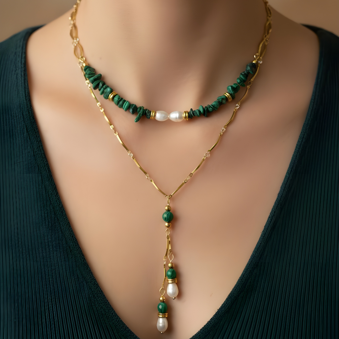 Gargantilla de Malaquita Natural y Perla de Agua Dulce
