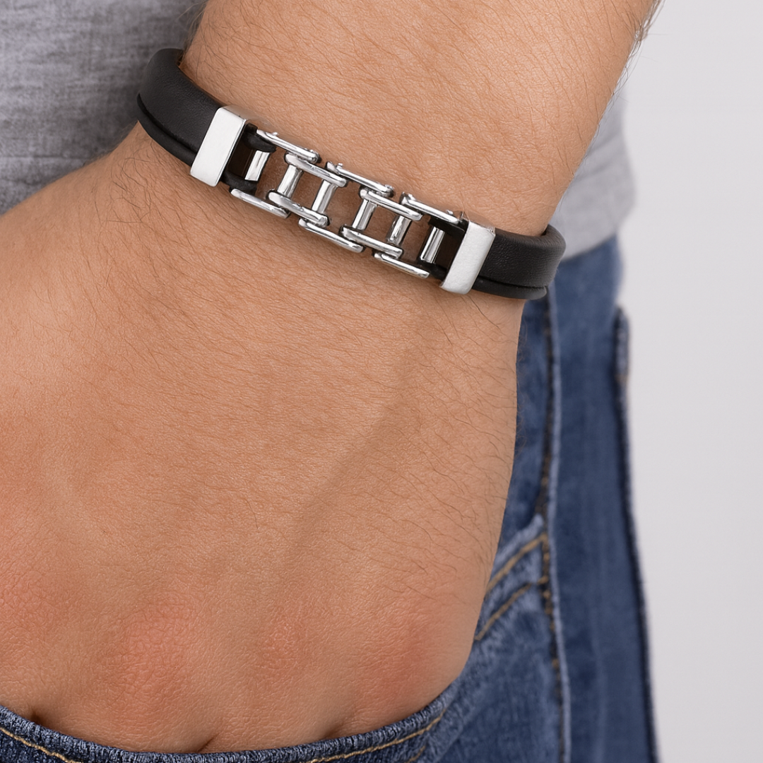 pulsera de hombre de piel y acero