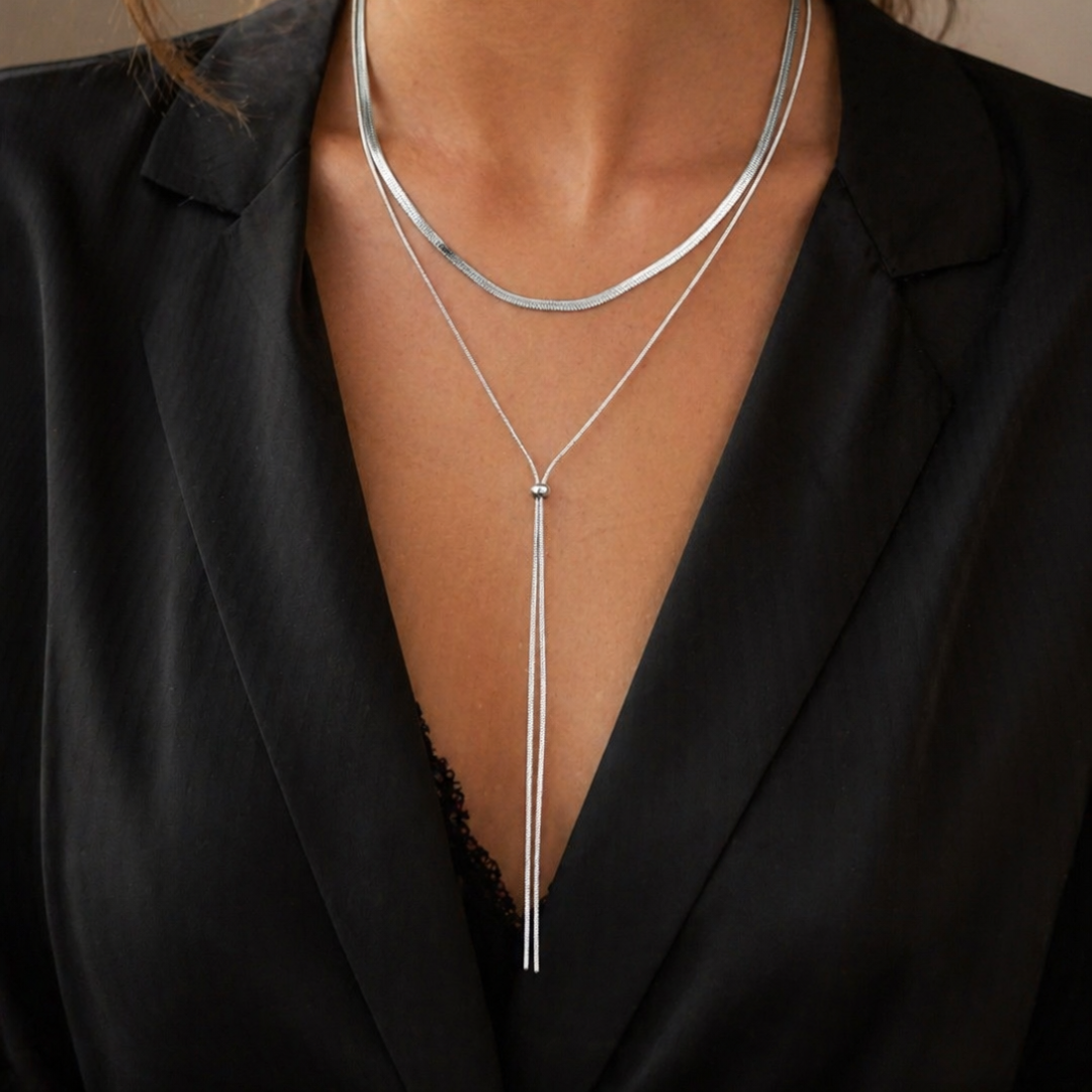 Gargantilla doble con caída larga regulable, collar en acero inoxidable
