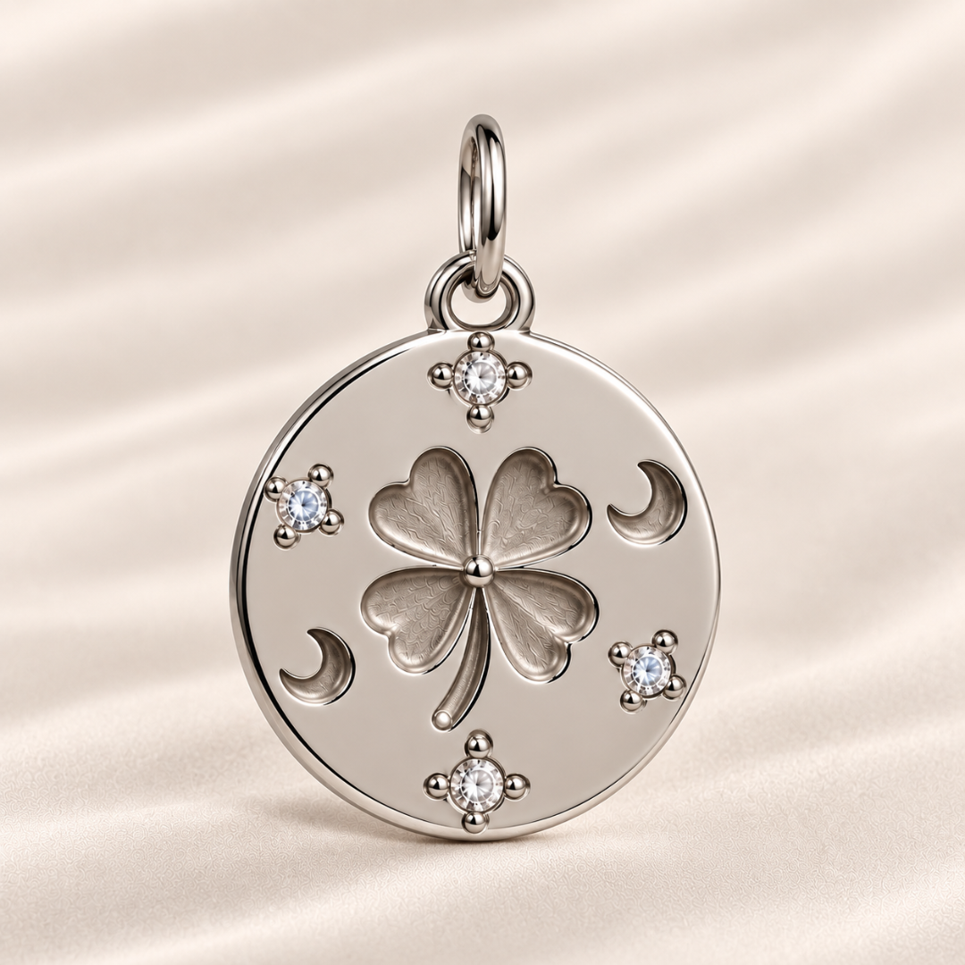 Charm Fortuna plateado con trébol, lunas y circonitas