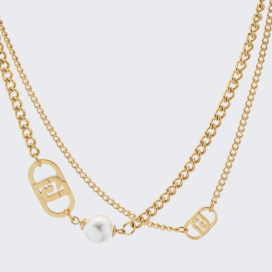 Gargantilla dorada Liujo de acero con perla y logotipo en diseño de doble cadena de 40 cm