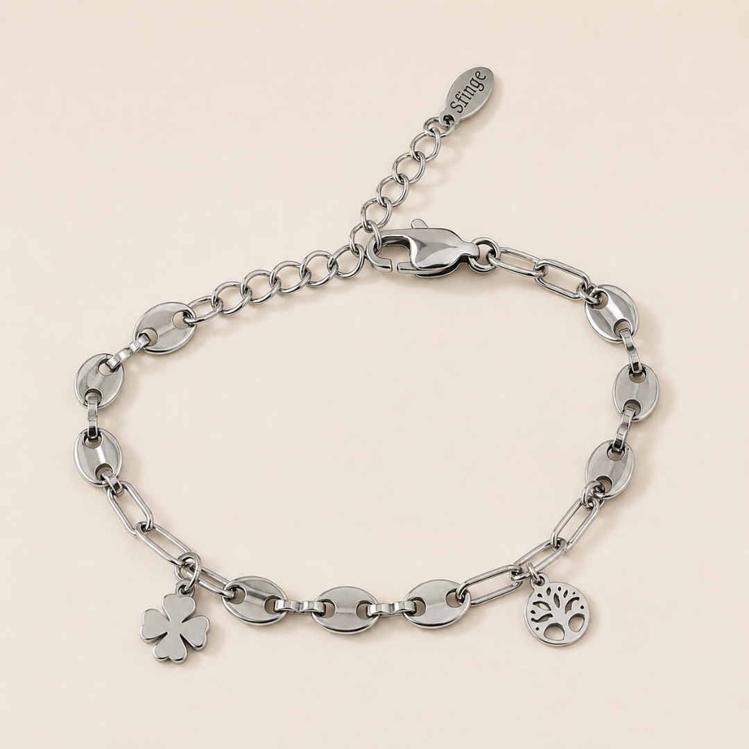 Pulsera de acero plateado con charms trébol y árbol de la vida de la marca sfinge