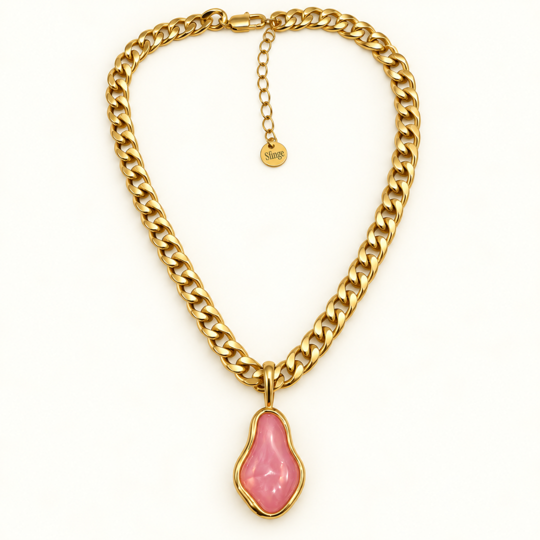Collar dorado de mujer Imperio con colgante rosa de forma orgánica