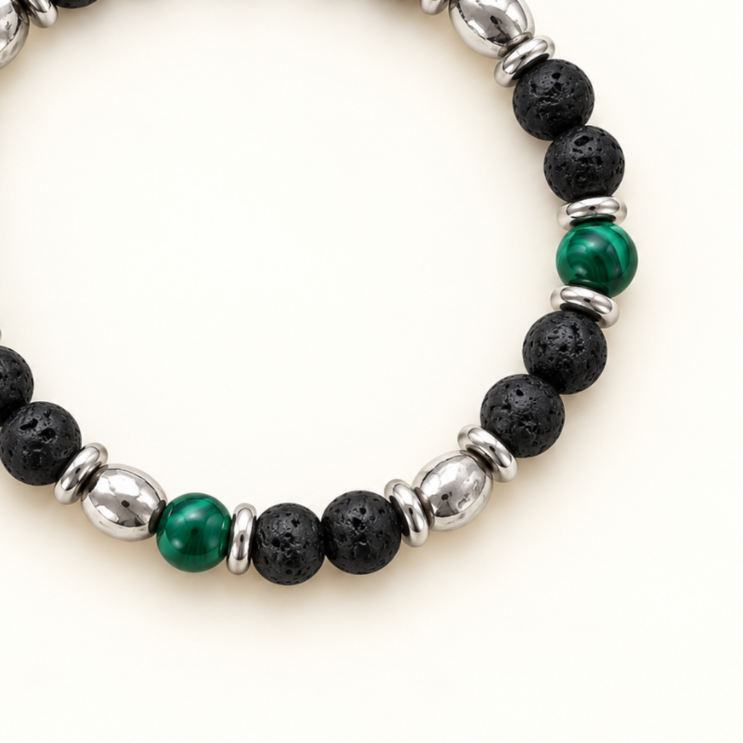Pulsera Terra elástica de piedra volcánica, malaquita y acero plateado