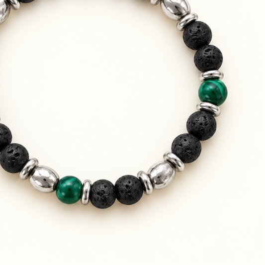 Pulsera Terra elástica de piedra volcánica, malaquita y acero plateado