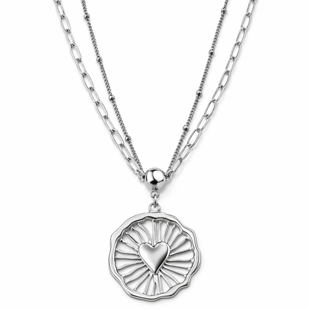 Collar medallón corazón solar en acero baño en platino