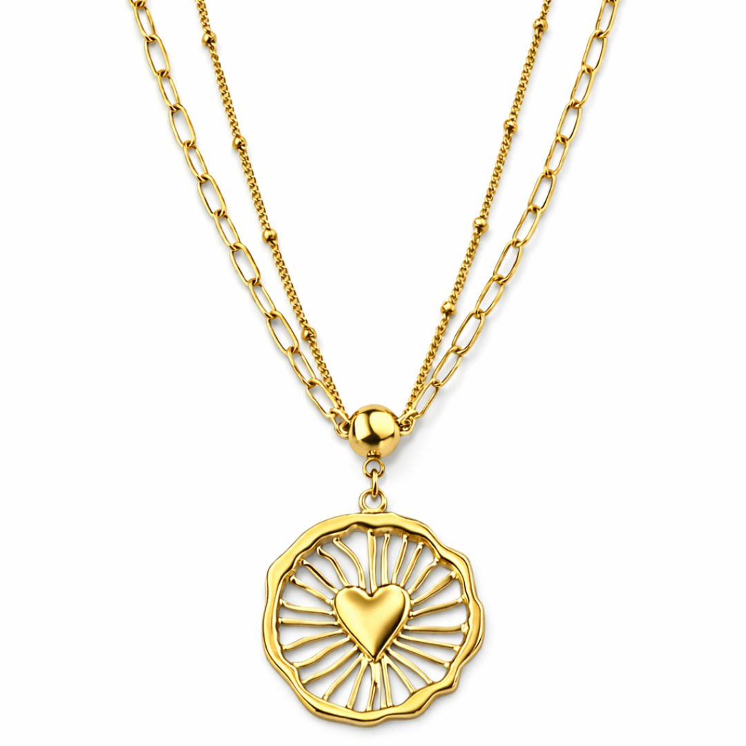 Gargantilla Medallón Corazón Solar doble cadena con medallón calado