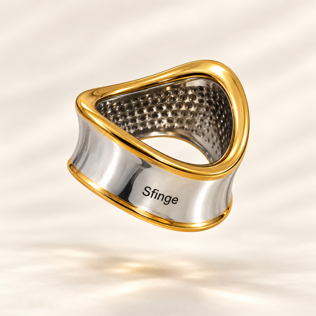 Anillo Onda de acero plateado con bordes dorados y forma curva