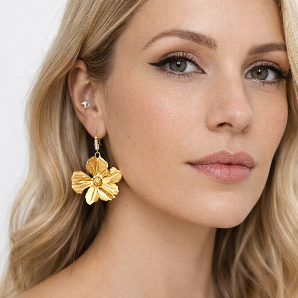 Detalle pendientes flor grande con pétalos efecto escultura